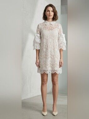 THE MOON White Lace Tiered Mini Dress Ruffle Ribbon Sleeve with Slip M